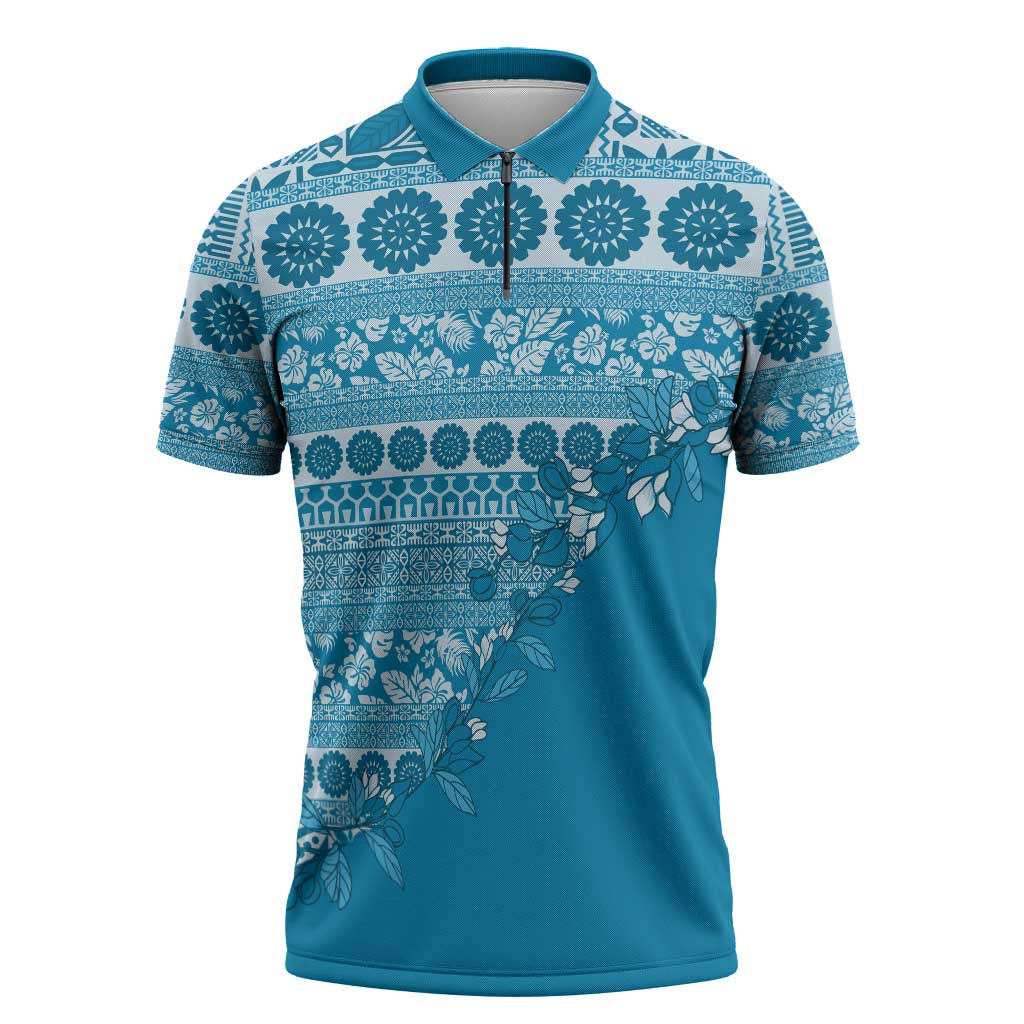 Fiji Marau na Kerisimasi Zipper Polo Shirt Aqua Tagimoucia Tapa Masi Tribal - Polynesian Pride