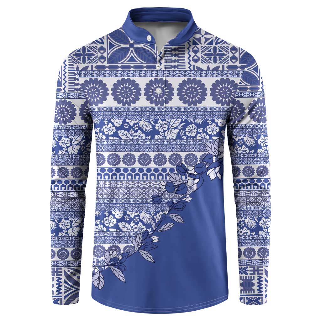 Fiji Marau na Kerisimasi Button Sweatshirt Blue Tagimoucia Tapa Masi Tribal - Polynesian Pride