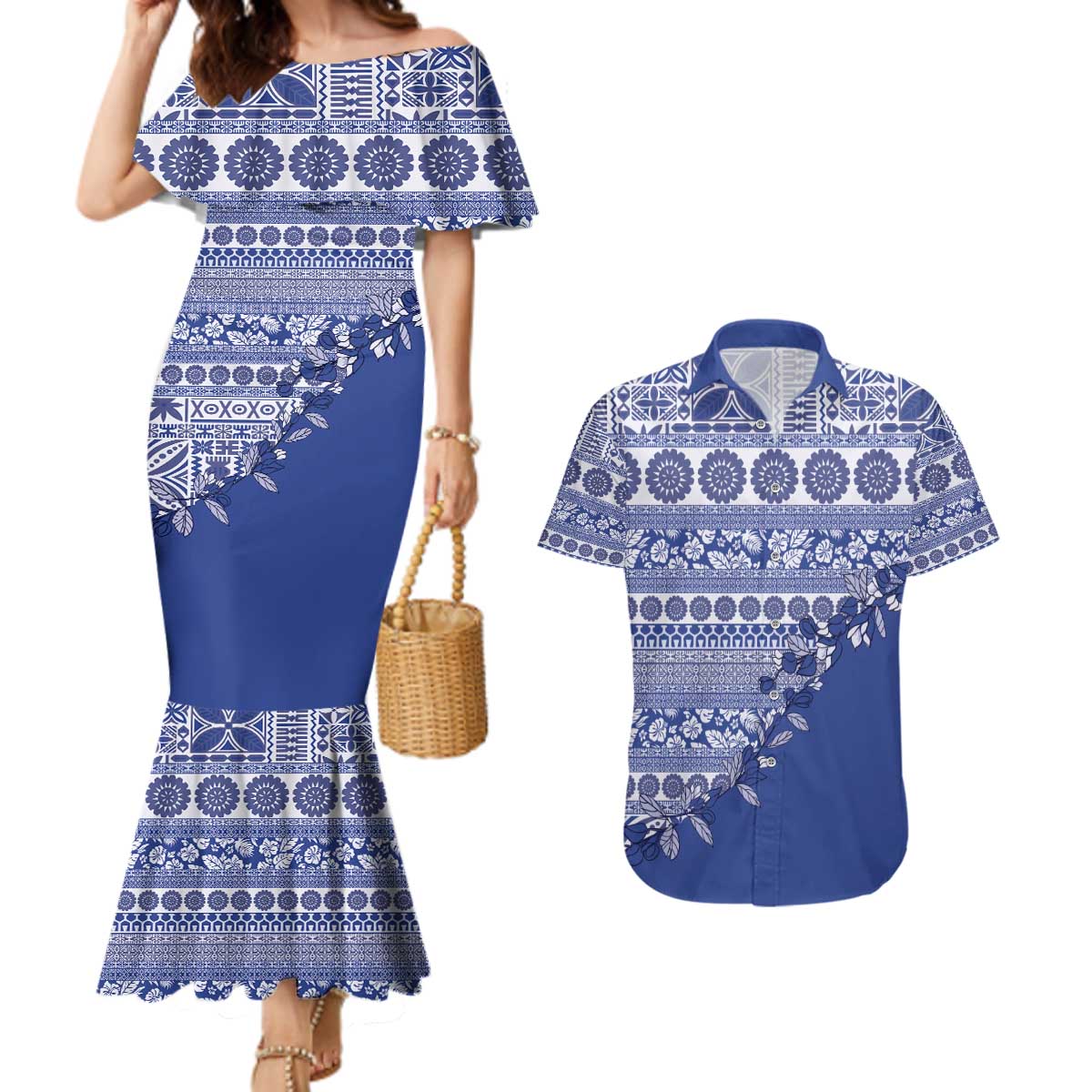 Fiji Marau na Kerisimasi Couples Matching Mermaid Dress and Hawaiian Shirt Blue Tagimoucia Tapa Masi Tribal - Polynesian Pride