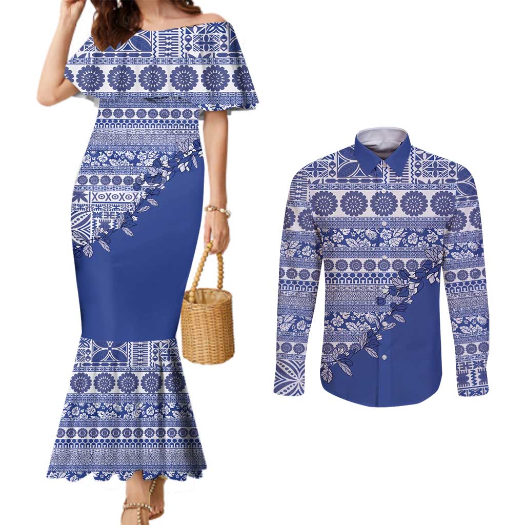 Fiji Marau na Kerisimasi Couples Matching Mermaid Dress and Long Sleeve Button Shirt Blue Tagimoucia Tapa Masi Tribal - Polynesian Pride