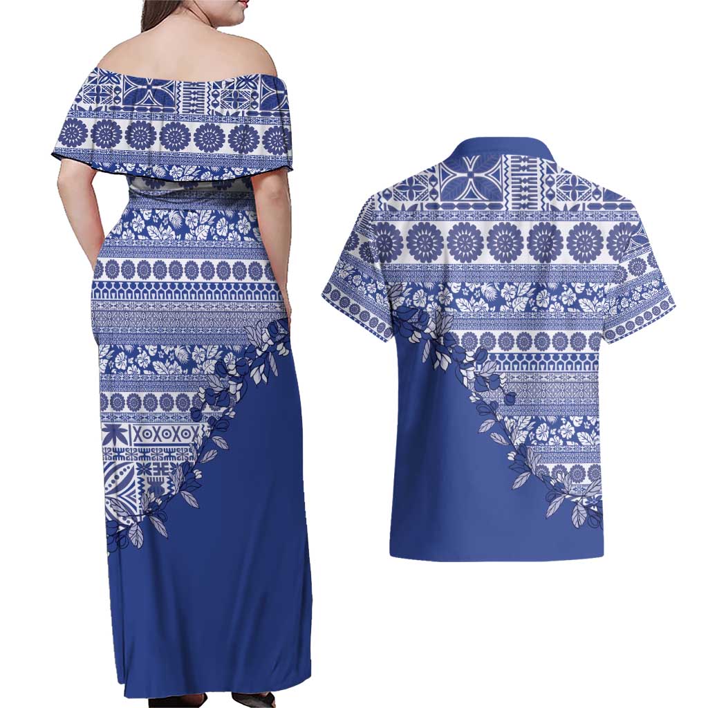 Fiji Marau na Kerisimasi Couples Matching Off Shoulder Maxi Dress and Hawaiian Shirt Blue Tagimoucia Tapa Masi Tribal - Polynesian Pride