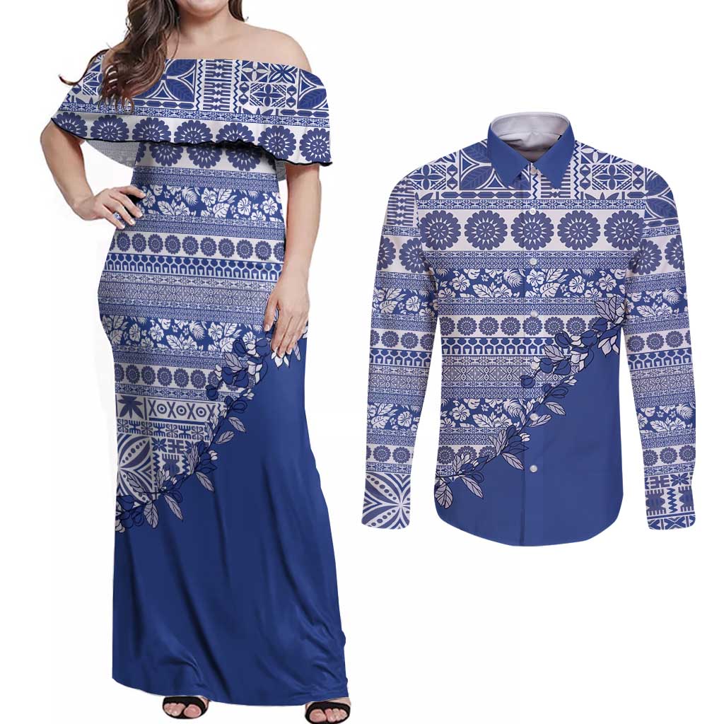 Fiji Marau na Kerisimasi Couples Matching Off Shoulder Maxi Dress and Long Sleeve Button Shirt Blue Tagimoucia Tapa Masi Tribal - Polynesian Pride