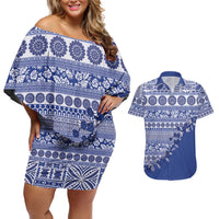 Fiji Marau na Kerisimasi Couples Matching Off Shoulder Short Dress and Hawaiian Shirt Blue Tagimoucia Tapa Masi Tribal - Polynesian Pride