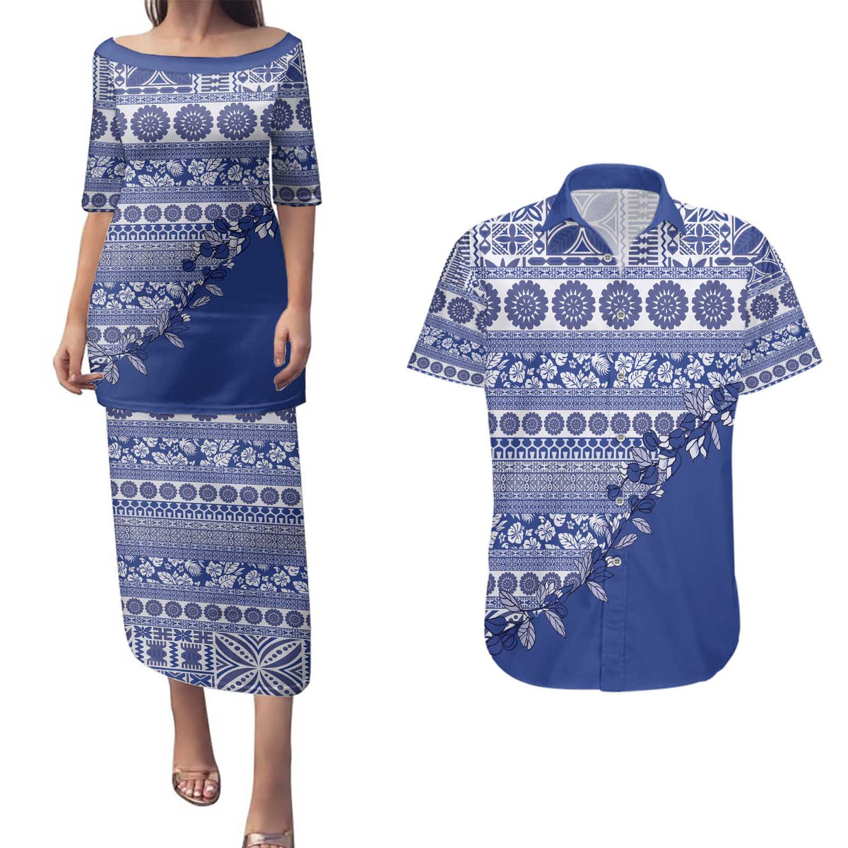Fiji Marau na Kerisimasi Couples Matching Puletasi and Hawaiian Shirt Blue Tagimoucia Tapa Masi Tribal - Polynesian Pride