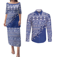 Fiji Marau na Kerisimasi Couples Matching Puletasi and Long Sleeve Button Shirt Blue Tagimoucia Tapa Masi Tribal - Polynesian Pride