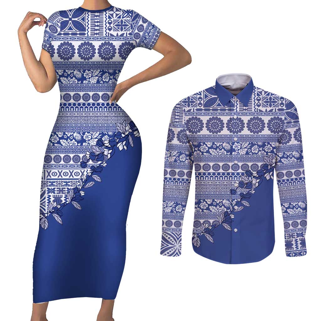 Fiji Marau na Kerisimasi Couples Matching Short Sleeve Bodycon Dress and Long Sleeve Button Shirt Blue Tagimoucia Tapa Masi Tribal - Polynesian Pride