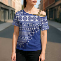 Fiji Marau na Kerisimasi Cross Shoulder Shirt Blue Tagimoucia Tapa Masi Tribal - Polynesian Pride