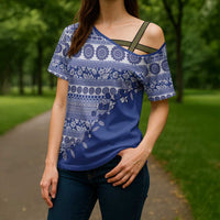 Fiji Marau na Kerisimasi Cross Shoulder Shirt Blue Tagimoucia Tapa Masi Tribal - Polynesian Pride
