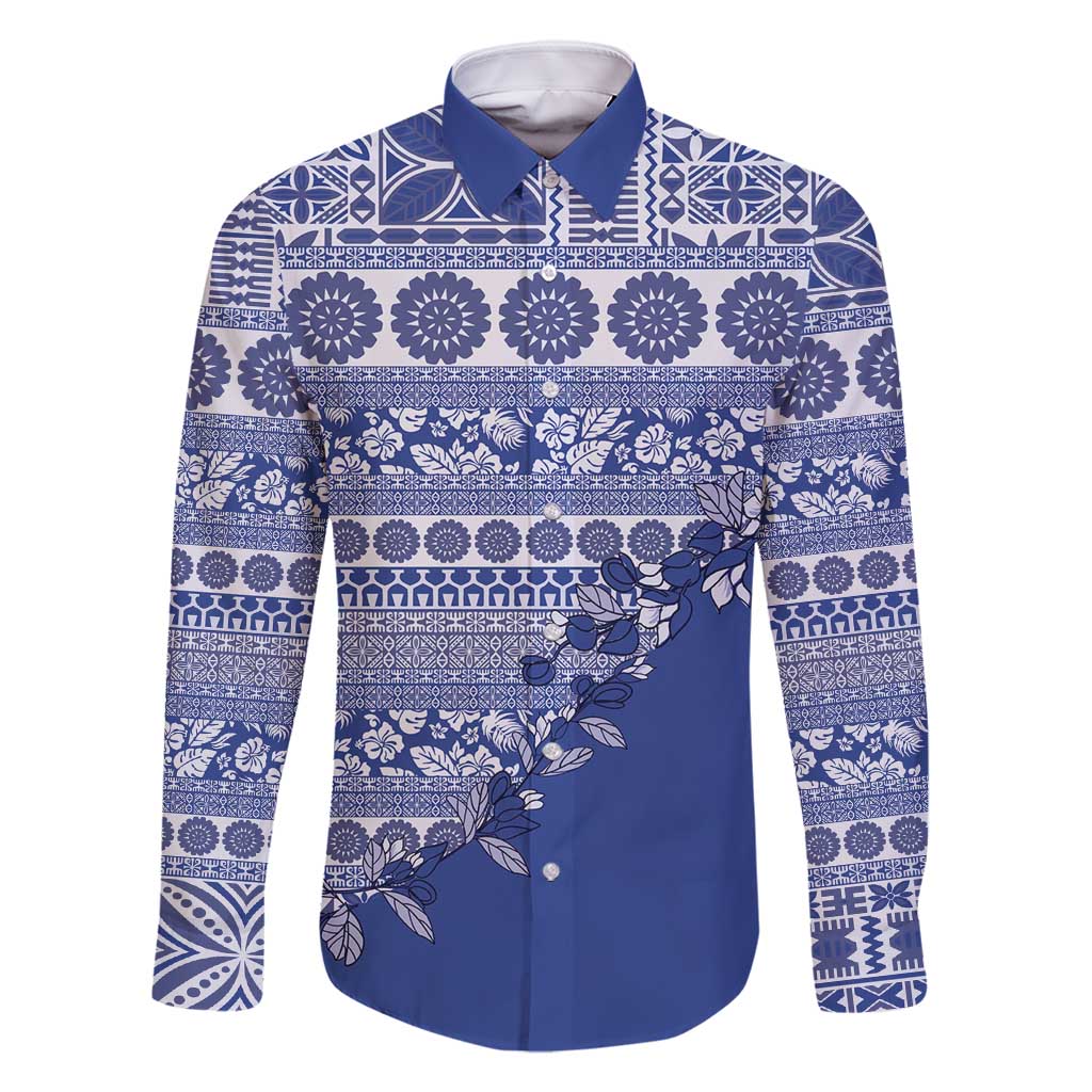 Fiji Marau na Kerisimasi Family Matching Long Sleeve Bodycon Dress and Hawaiian Shirt Blue Tagimoucia Tapa Masi Tribal - Polynesian Pride