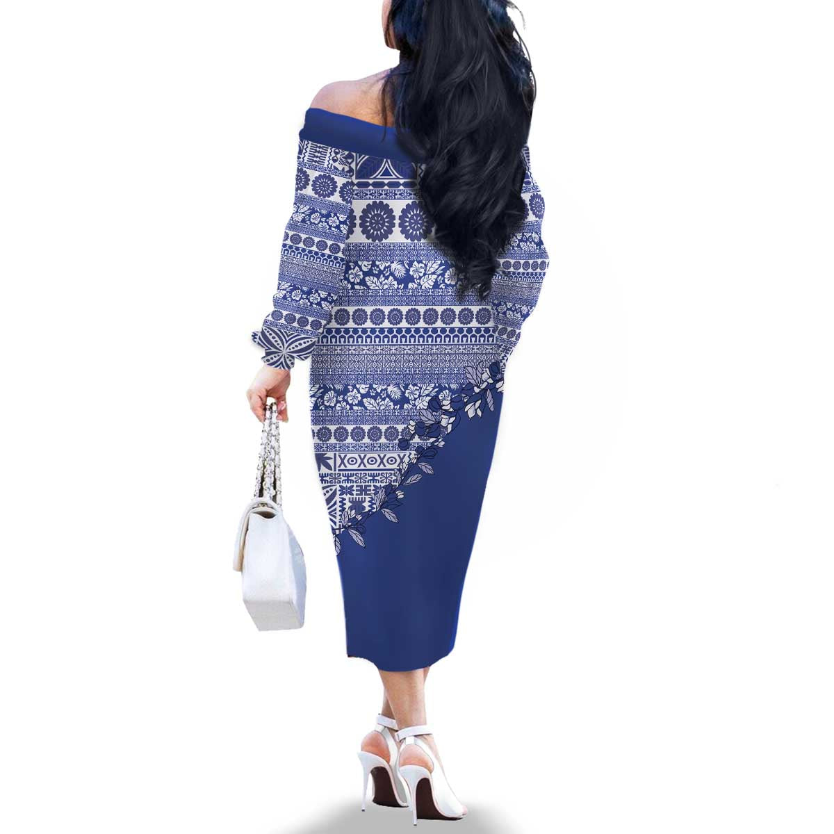 Fiji Marau na Kerisimasi Family Matching Off The Shoulder Long Sleeve Dress and Hawaiian Shirt Blue Tagimoucia Tapa Masi Tribal - Polynesian Pride