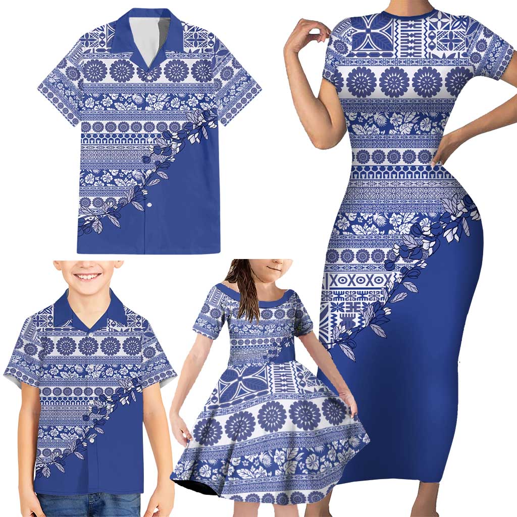 Fiji Marau na Kerisimasi Family Matching Short Sleeve Bodycon Dress and Hawaiian Shirt Blue Tagimoucia Tapa Masi Tribal - Polynesian Pride