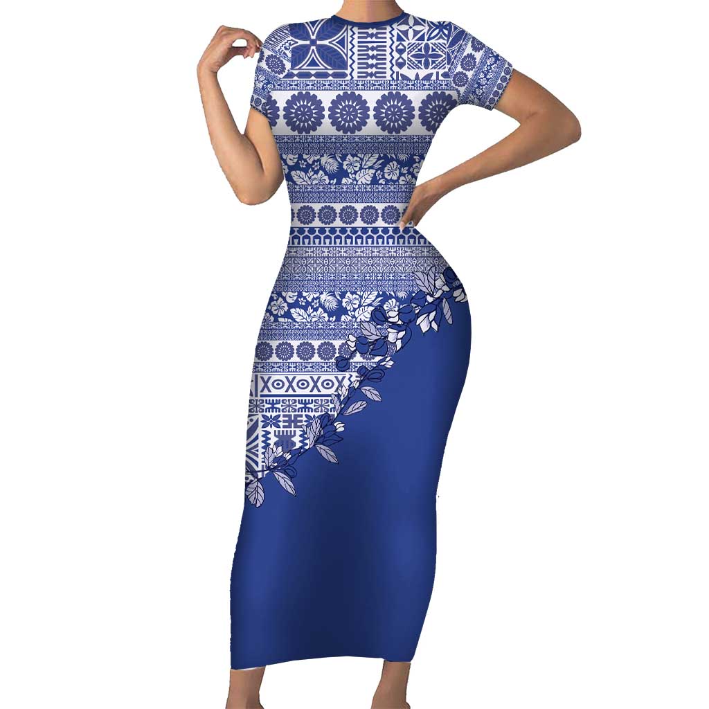 Fiji Marau na Kerisimasi Family Matching Short Sleeve Bodycon Dress and Hawaiian Shirt Blue Tagimoucia Tapa Masi Tribal - Polynesian Pride