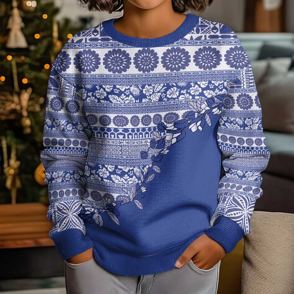 Fiji Marau na Kerisimasi Kid Ugly Christmas Sweater Blue Tagimoucia Tapa Masi Tribal - Polynesian Pride