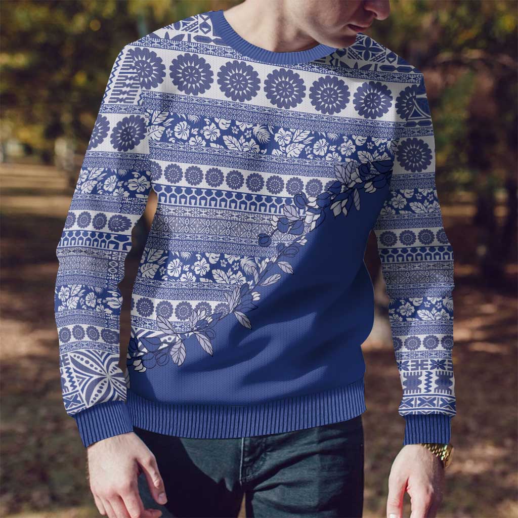 Fiji Marau na Kerisimasi Ugly Christmas Sweater Blue Tagimoucia Tapa Masi Tribal - Polynesian Pride
