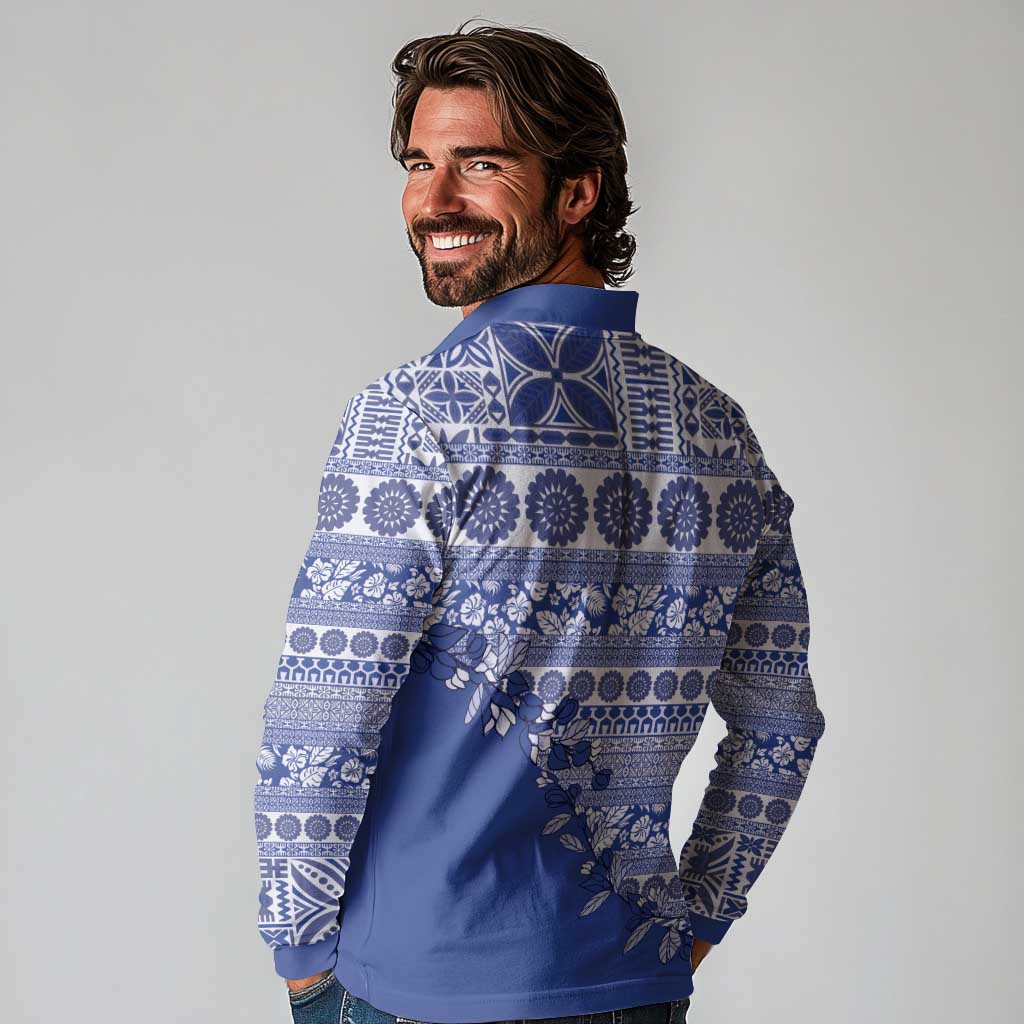 Fiji Marau na Kerisimasi Long Sleeve Polo Shirt Blue Tagimoucia Tapa Masi Tribal - Polynesian Pride