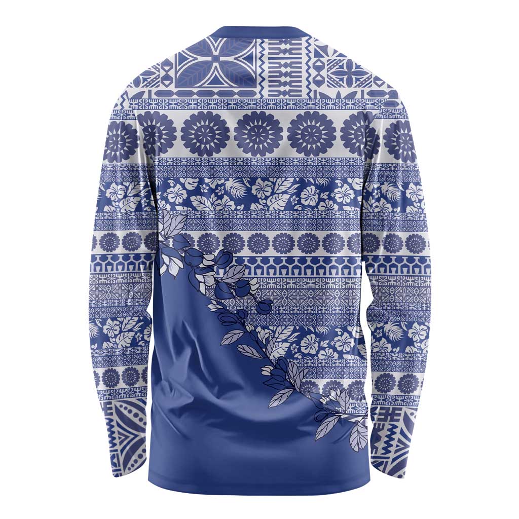 Fiji Marau na Kerisimasi Long Sleeve Shirt Blue Tagimoucia Tapa Masi Tribal - Polynesian Pride