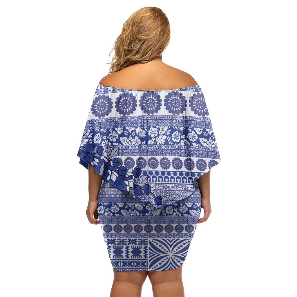 Fiji Marau na Kerisimasi Off Shoulder Short Dress Blue Tagimoucia Tapa Masi Tribal - Polynesian Pride