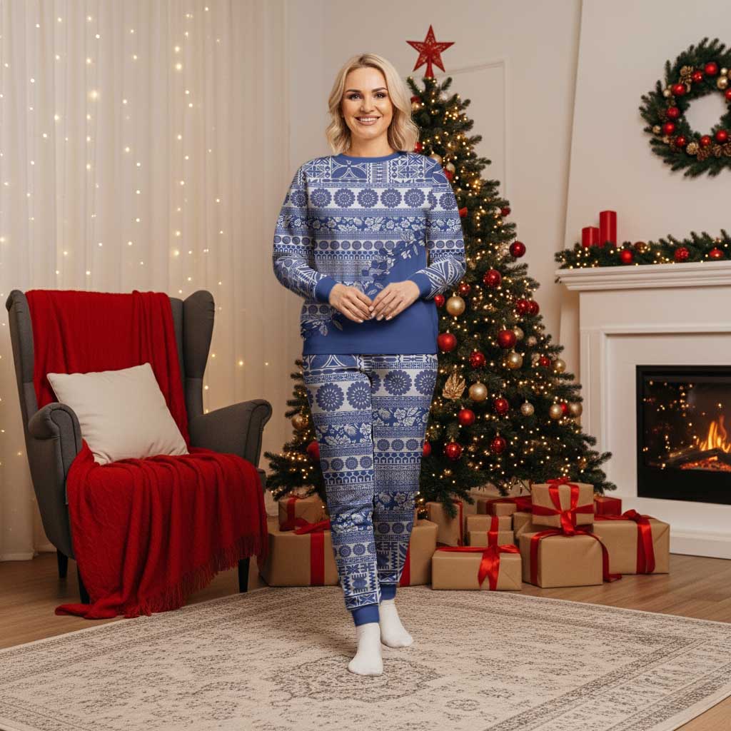 Fiji Marau na Kerisimasi Christmas Pajama Set Blue Tagimoucia Tapa Masi Tribal - Polynesian Pride
