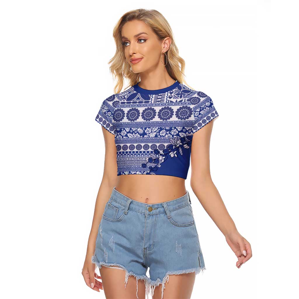 Fiji Marau na Kerisimasi Raglan Cropped T Shirt Blue Tagimoucia Tapa Masi Tribal - Polynesian Pride
