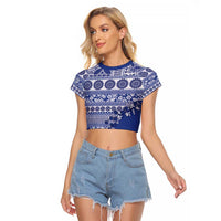 Fiji Marau na Kerisimasi Raglan Cropped T Shirt Blue Tagimoucia Tapa Masi Tribal - Polynesian Pride