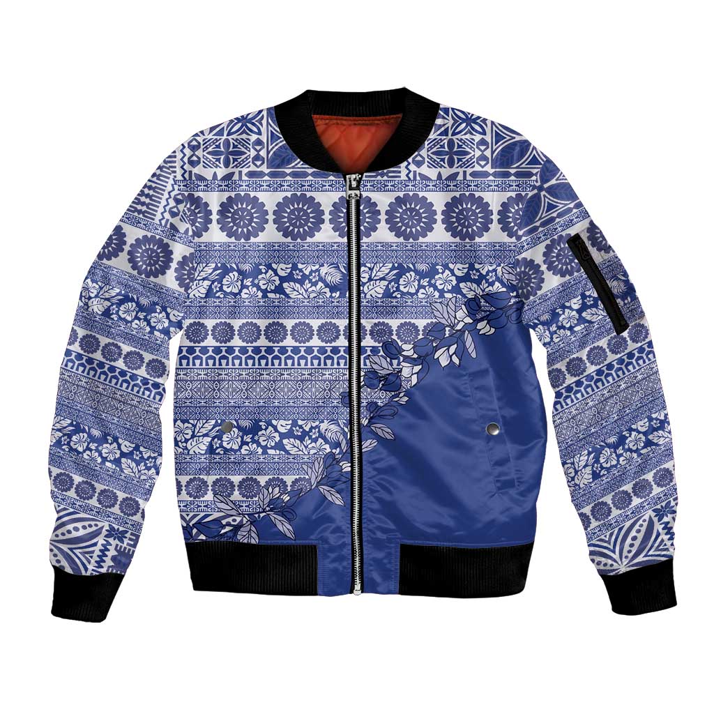 Fiji Marau na Kerisimasi Sleeve Zip Bomber Jacket Blue Tagimoucia Tapa Masi Tribal - Polynesian Pride