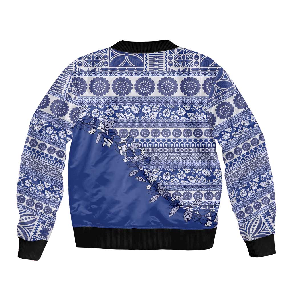 Fiji Marau na Kerisimasi Sleeve Zip Bomber Jacket Blue Tagimoucia Tapa Masi Tribal - Polynesian Pride