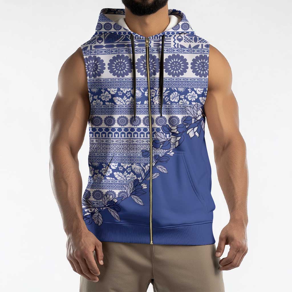 Fiji Marau na Kerisimasi Sleeveless Zip Hoodie Blue Tagimoucia Tapa Masi Tribal - Polynesian Pride