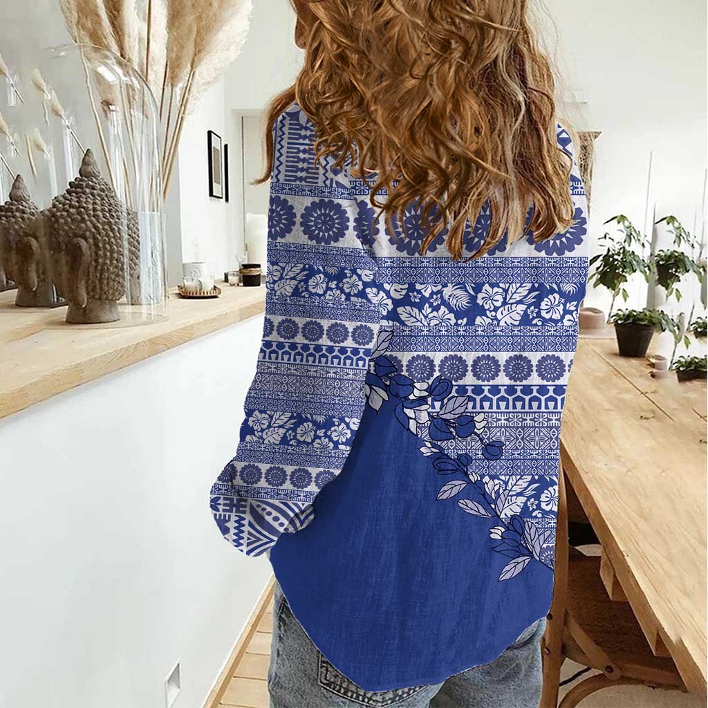Fiji Marau na Kerisimasi Women Casual Shirt Blue Tagimoucia Tapa Masi Tribal - Polynesian Pride