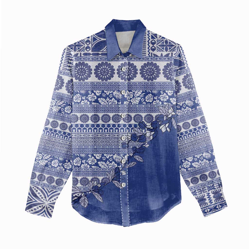 Fiji Marau na Kerisimasi Women Casual Shirt Blue Tagimoucia Tapa Masi Tribal - Polynesian Pride