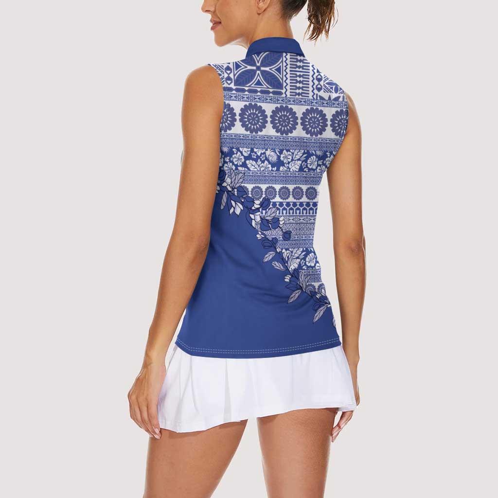 Fiji Marau na Kerisimasi Women Sleeveless Polo Shirt Blue Tagimoucia Tapa Masi Tribal - Polynesian Pride