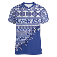 Fiji Marau na Kerisimasi Women V-Neck T-Shirt Blue Tagimoucia Tapa Masi Tribal - Polynesian Pride