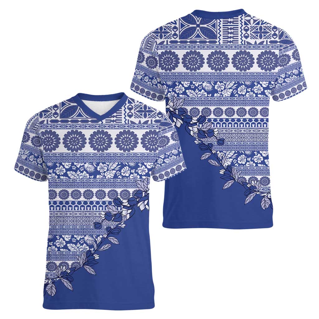 Fiji Marau na Kerisimasi Women V-Neck T-Shirt Blue Tagimoucia Tapa Masi Tribal - Polynesian Pride