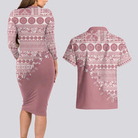 Fiji Marau na Kerisimasi Couples Matching Long Sleeve Bodycon Dress and Hawaiian Shirt Dusty Rose Tagimoucia Tapa Masi Tribal - Polynesian Pride