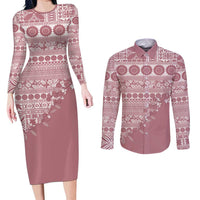 Fiji Marau na Kerisimasi Couples Matching Long Sleeve Bodycon Dress and Long Sleeve Button Shirt Dusty Rose Tagimoucia Tapa Masi Tribal - Polynesian Pride