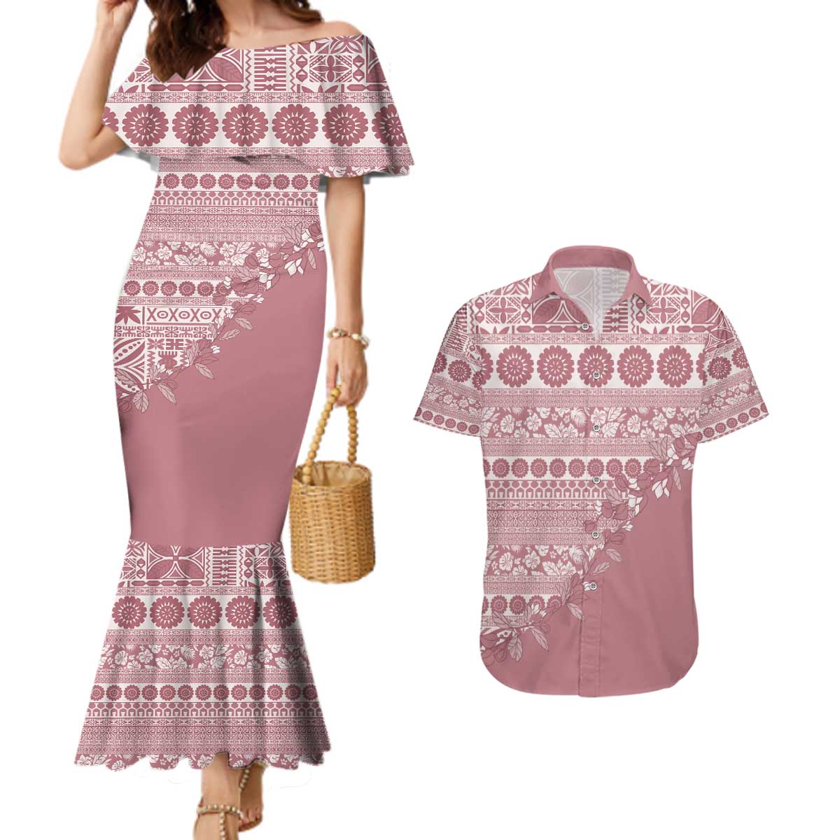 Fiji Marau na Kerisimasi Couples Matching Mermaid Dress and Hawaiian Shirt Dusty Rose Tagimoucia Tapa Masi Tribal - Polynesian Pride