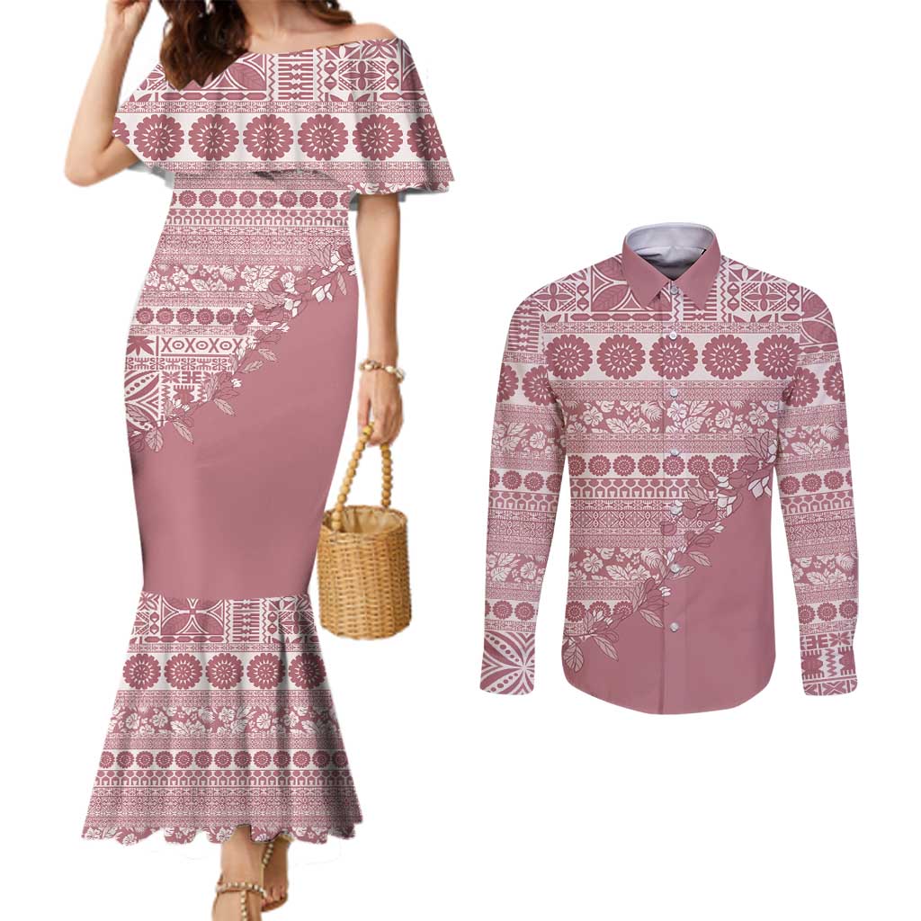 Fiji Marau na Kerisimasi Couples Matching Mermaid Dress and Long Sleeve Button Shirt Dusty Rose Tagimoucia Tapa Masi Tribal - Polynesian Pride