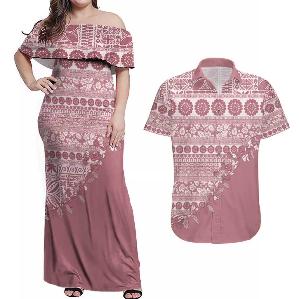 Fiji Marau na Kerisimasi Couples Matching Off Shoulder Maxi Dress and Hawaiian Shirt Dusty Rose Tagimoucia Tapa Masi Tribal - Polynesian Pride