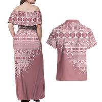 Fiji Marau na Kerisimasi Couples Matching Off Shoulder Maxi Dress and Hawaiian Shirt Dusty Rose Tagimoucia Tapa Masi Tribal - Polynesian Pride