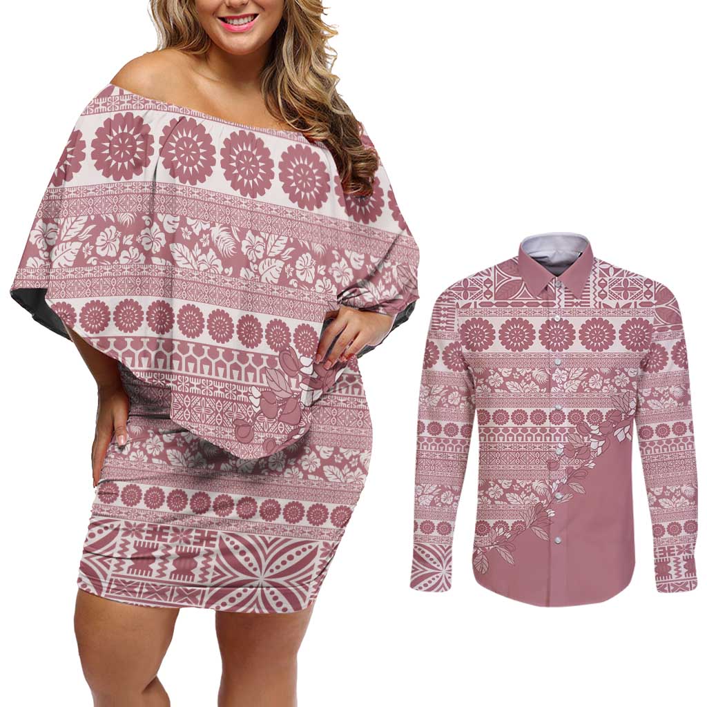 Fiji Marau na Kerisimasi Couples Matching Off Shoulder Short Dress and Long Sleeve Button Shirt Dusty Rose Tagimoucia Tapa Masi Tribal - Polynesian Pride