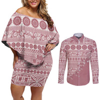 Fiji Marau na Kerisimasi Couples Matching Off Shoulder Short Dress and Long Sleeve Button Shirt Dusty Rose Tagimoucia Tapa Masi Tribal - Polynesian Pride