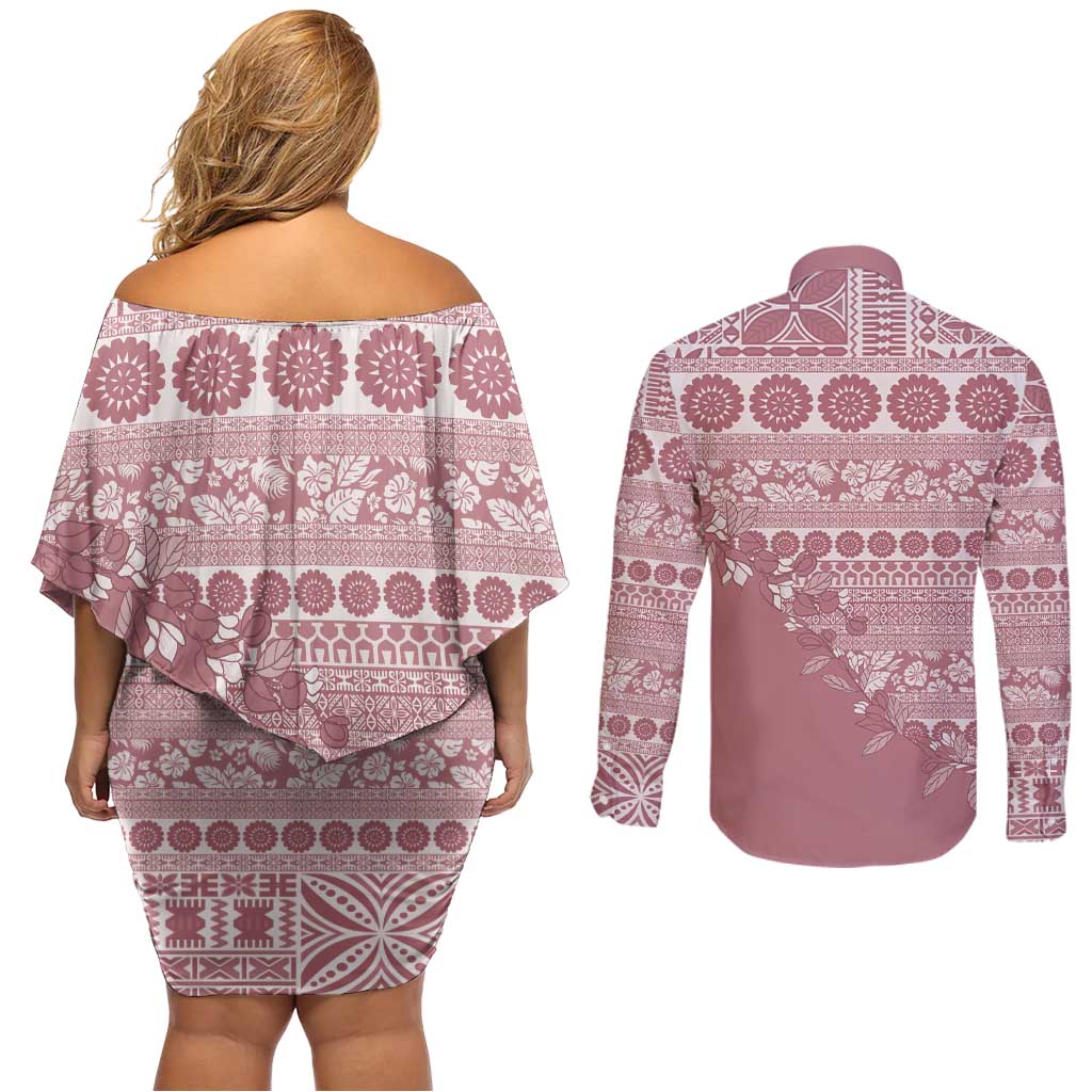 Fiji Marau na Kerisimasi Couples Matching Off Shoulder Short Dress and Long Sleeve Button Shirt Dusty Rose Tagimoucia Tapa Masi Tribal - Polynesian Pride