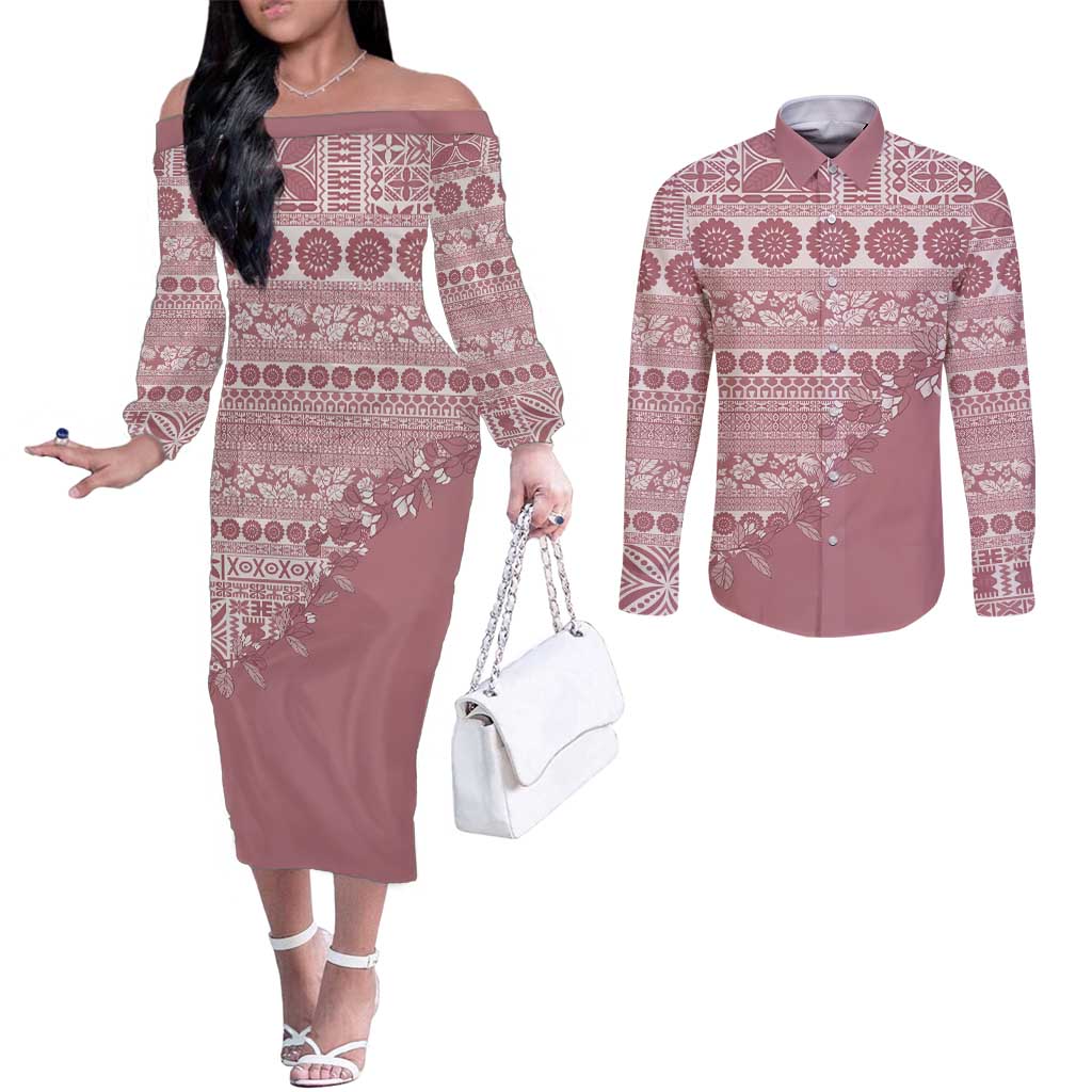 Fiji Marau na Kerisimasi Couples Matching Off The Shoulder Long Sleeve Dress and Long Sleeve Button Shirt Dusty Rose Tagimoucia Tapa Masi Tribal - Polynesian Pride