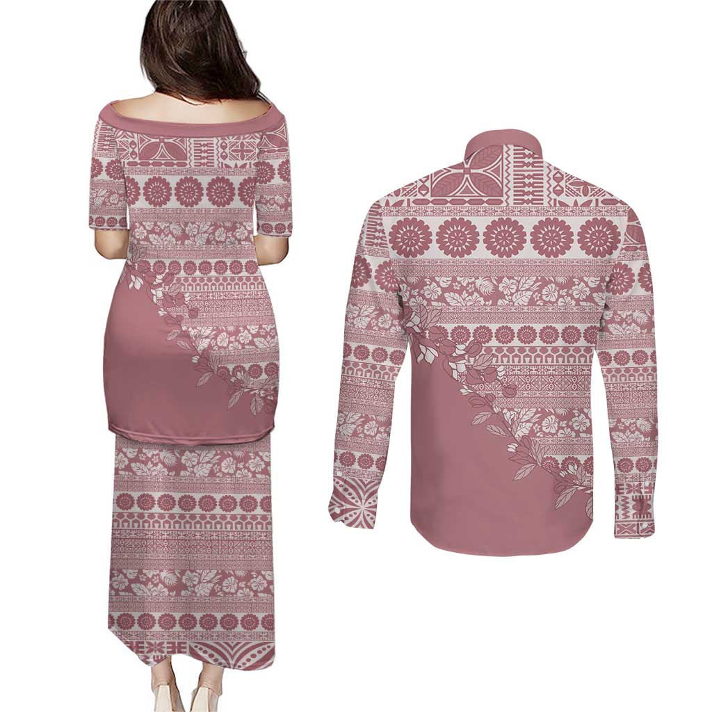 Fiji Marau na Kerisimasi Couples Matching Puletasi and Long Sleeve Button Shirt Dusty Rose Tagimoucia Tapa Masi Tribal - Polynesian Pride
