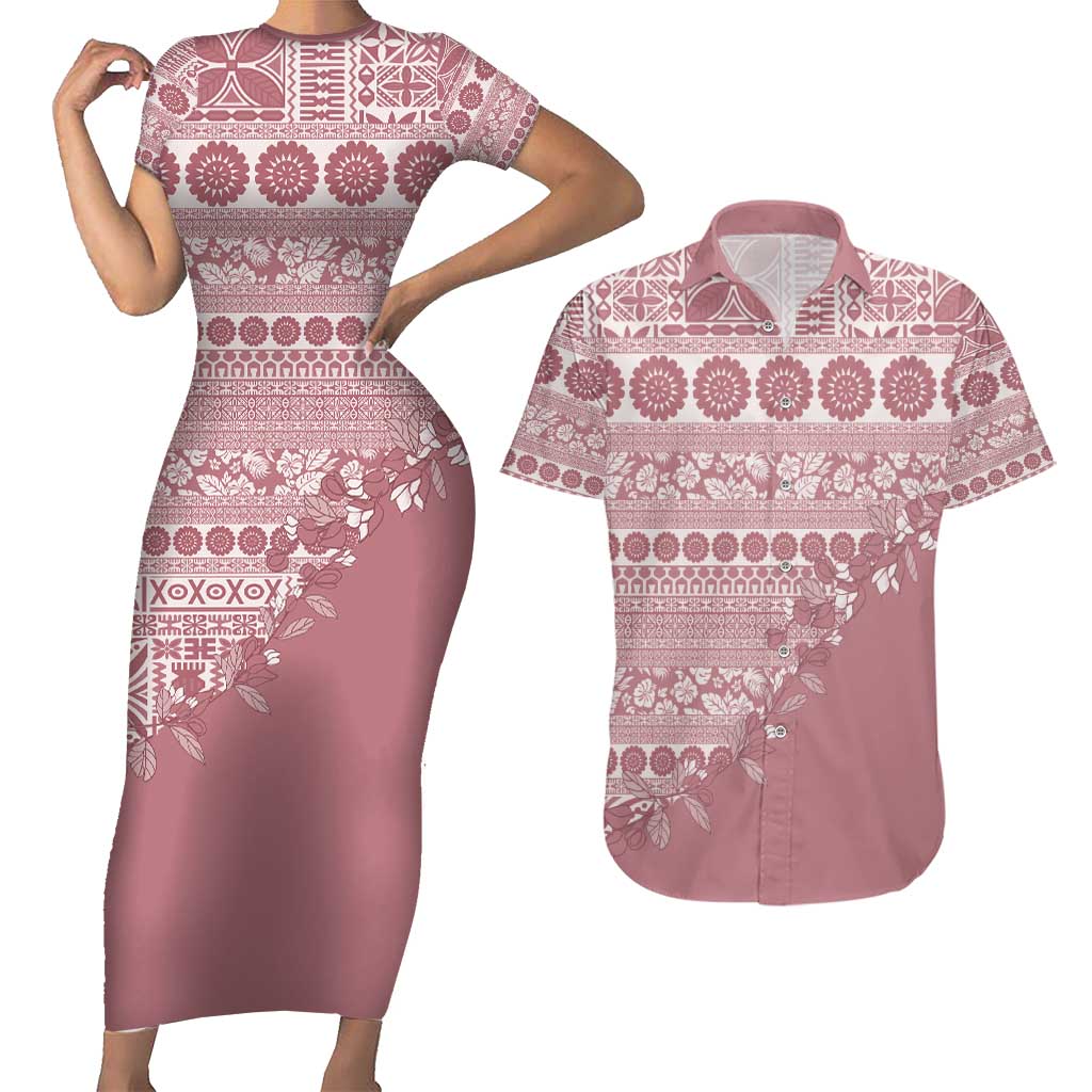 Fiji Marau na Kerisimasi Couples Matching Short Sleeve Bodycon Dress and Hawaiian Shirt Dusty Rose Tagimoucia Tapa Masi Tribal - Polynesian Pride