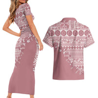 Fiji Marau na Kerisimasi Couples Matching Short Sleeve Bodycon Dress and Hawaiian Shirt Dusty Rose Tagimoucia Tapa Masi Tribal - Polynesian Pride