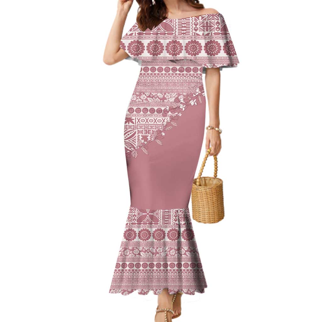 Fiji Marau na Kerisimasi Family Matching Mermaid Dress and Hawaiian Shirt Dusty Rose Tagimoucia Tapa Masi Tribal - Polynesian Pride