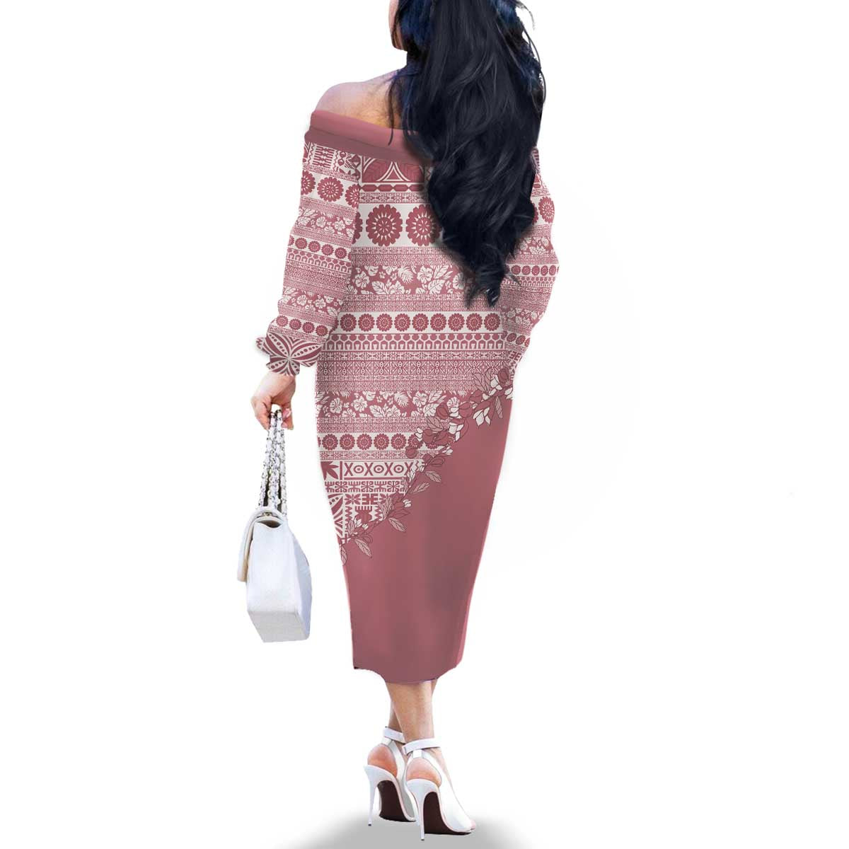 Fiji Marau na Kerisimasi Family Matching Off The Shoulder Long Sleeve Dress and Hawaiian Shirt Dusty Rose Tagimoucia Tapa Masi Tribal - Polynesian Pride