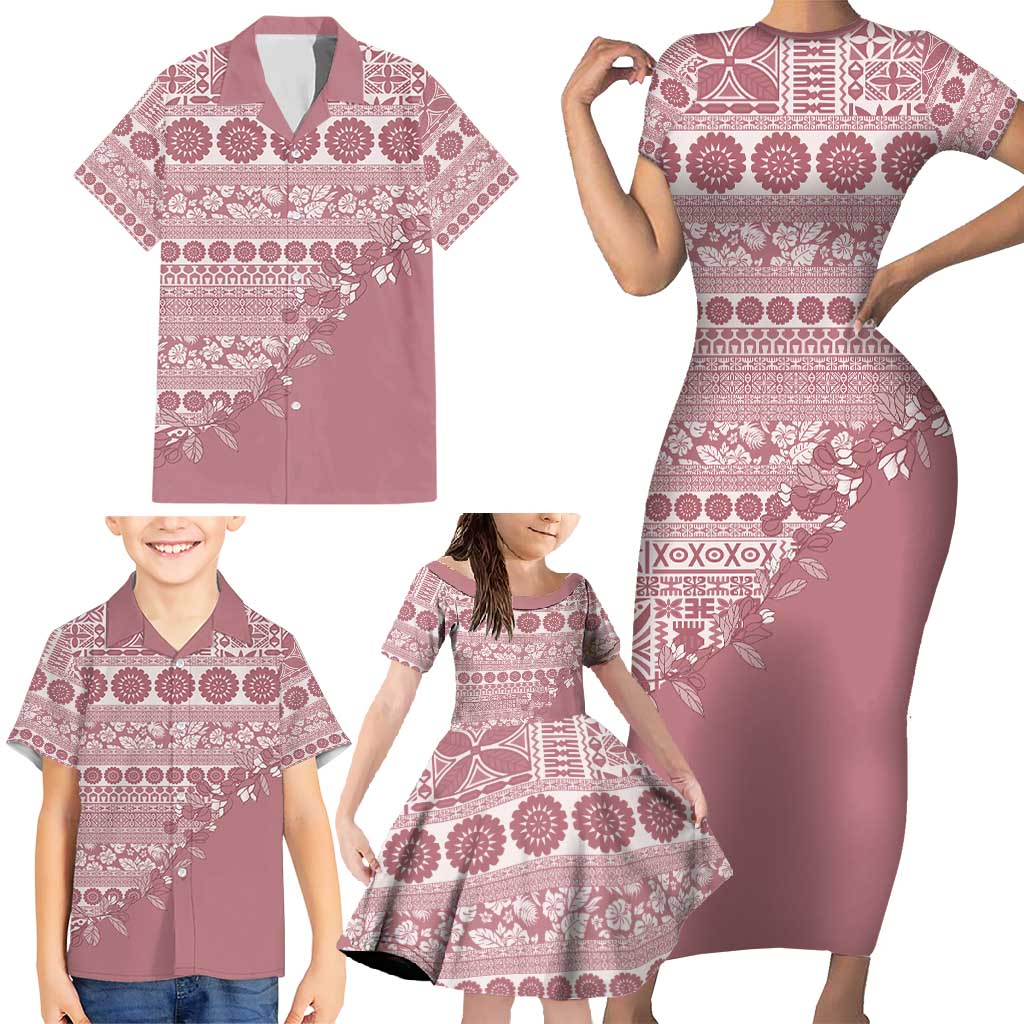 Fiji Marau na Kerisimasi Family Matching Short Sleeve Bodycon Dress and Hawaiian Shirt Dusty Rose Tagimoucia Tapa Masi Tribal - Polynesian Pride