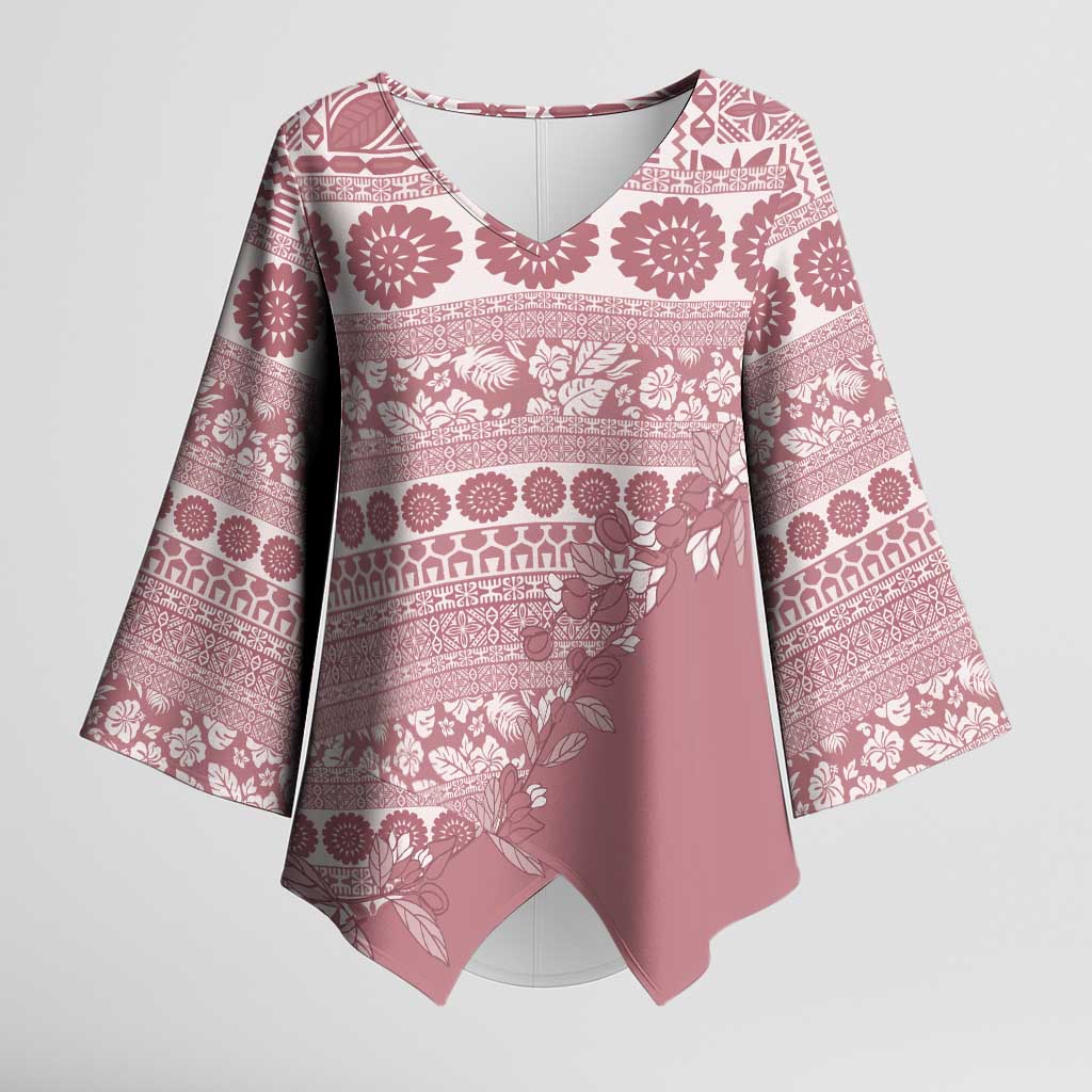 Fiji Marau na Kerisimasi Kimono Sleeve Blouse Dusty Rose Tagimoucia Tapa Masi Tribal - Polynesian Pride
