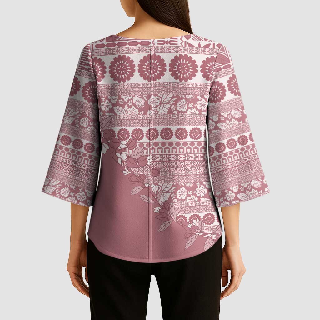 Fiji Marau na Kerisimasi Kimono Sleeve Blouse Dusty Rose Tagimoucia Tapa Masi Tribal - Polynesian Pride